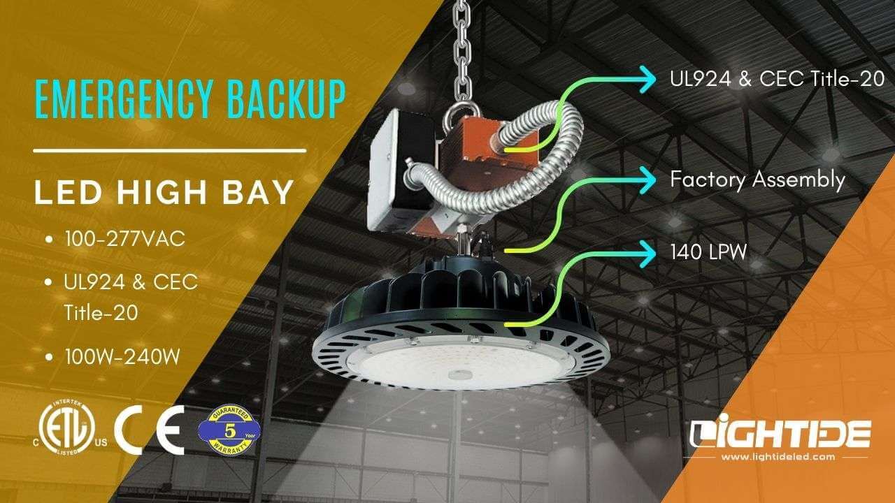 Lightide Industrial UFO LED High Bay Lighting Fixtures Battery Backup