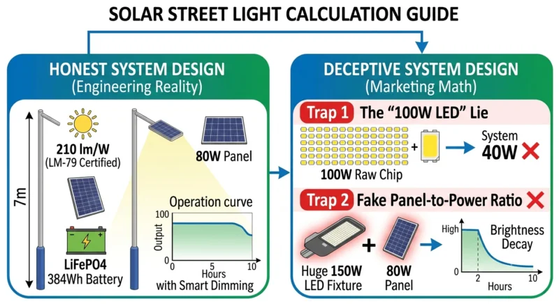 Spotting the Deception for false power calculation Establish the Illumination Class and Target Lux Levels for solar led street lights